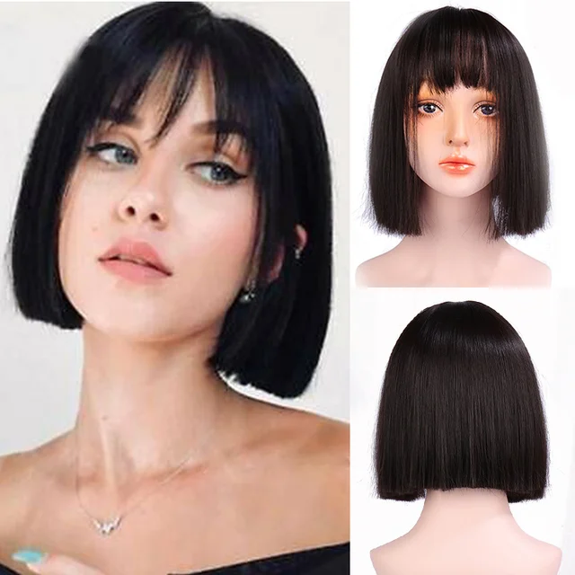 Jewtribute Hair®|Black Green Pink  Straight Bob Bangs Wigs For Women 