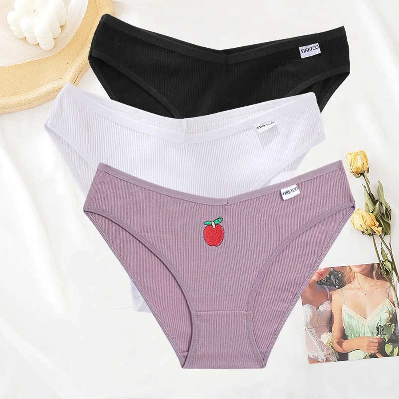 FINETOO 3PCS/Set Women Cotton Embroidery Fruit Panties Underwear V Waist Female M-XL Woman's Briefs Pantys Intimates Lingerie