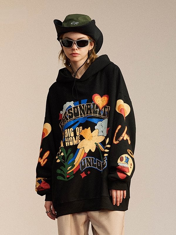 Floral Printed Color Block Washed Fleeced Hoodie