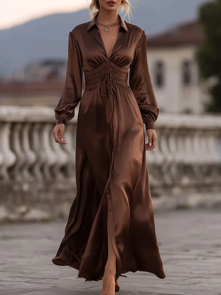 Elegant Dark Brown Lapel Belted Maxi Dress