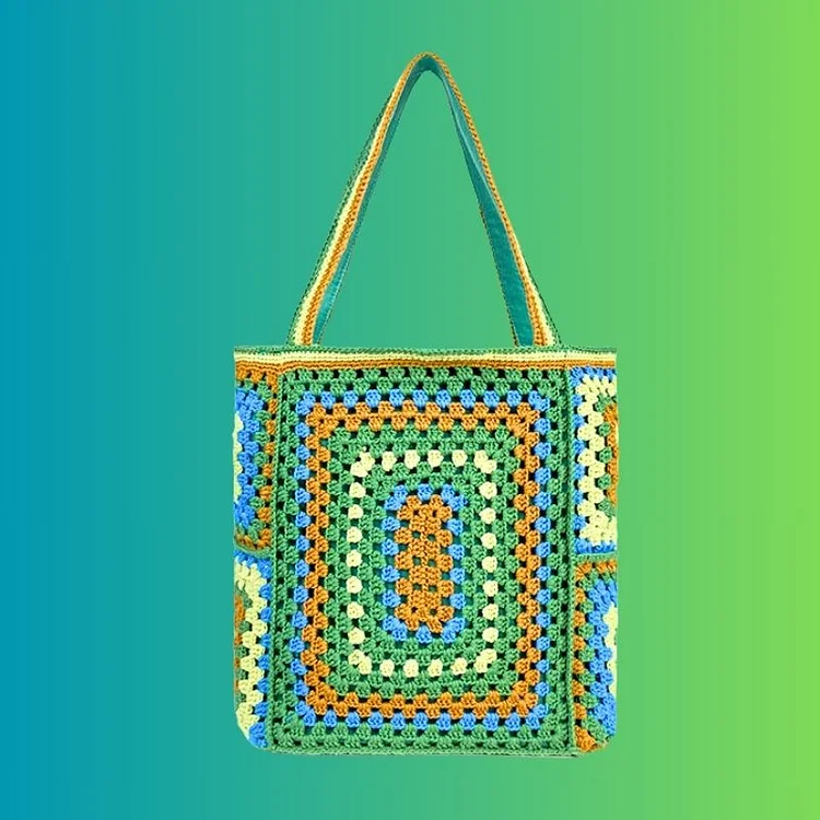 Lulusnow Handmade Green Granny Square Beach Summer Bag,Vintage Handbag for Travel Crochet Shoulder Bag St.Patrick's Gift 