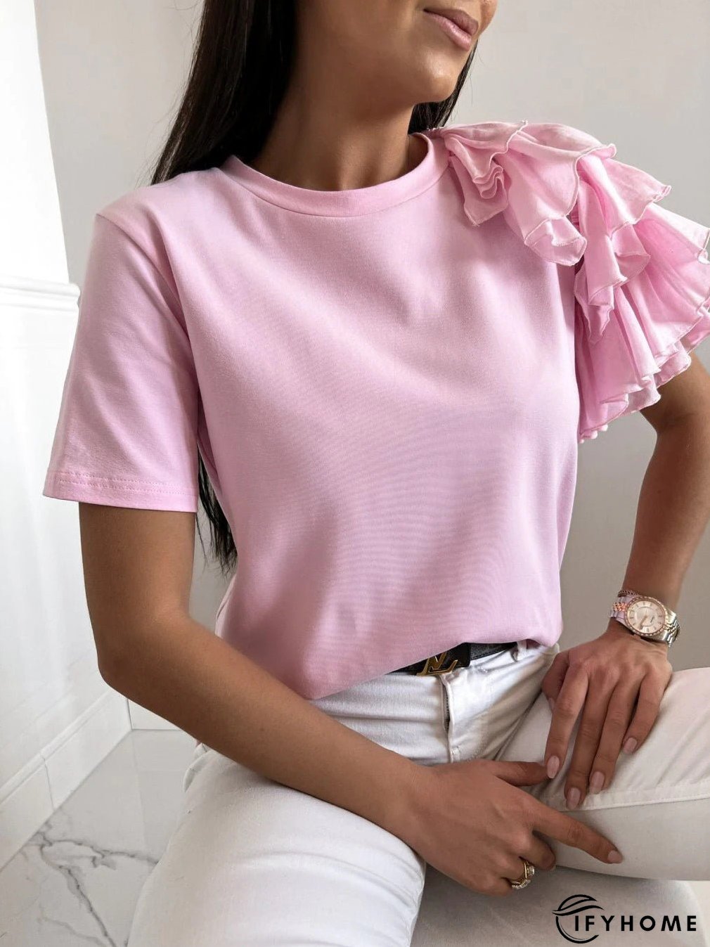Women's T-Shirts Solid Simple Ruffle Short Sleeve T-Shirt | IFYHOME