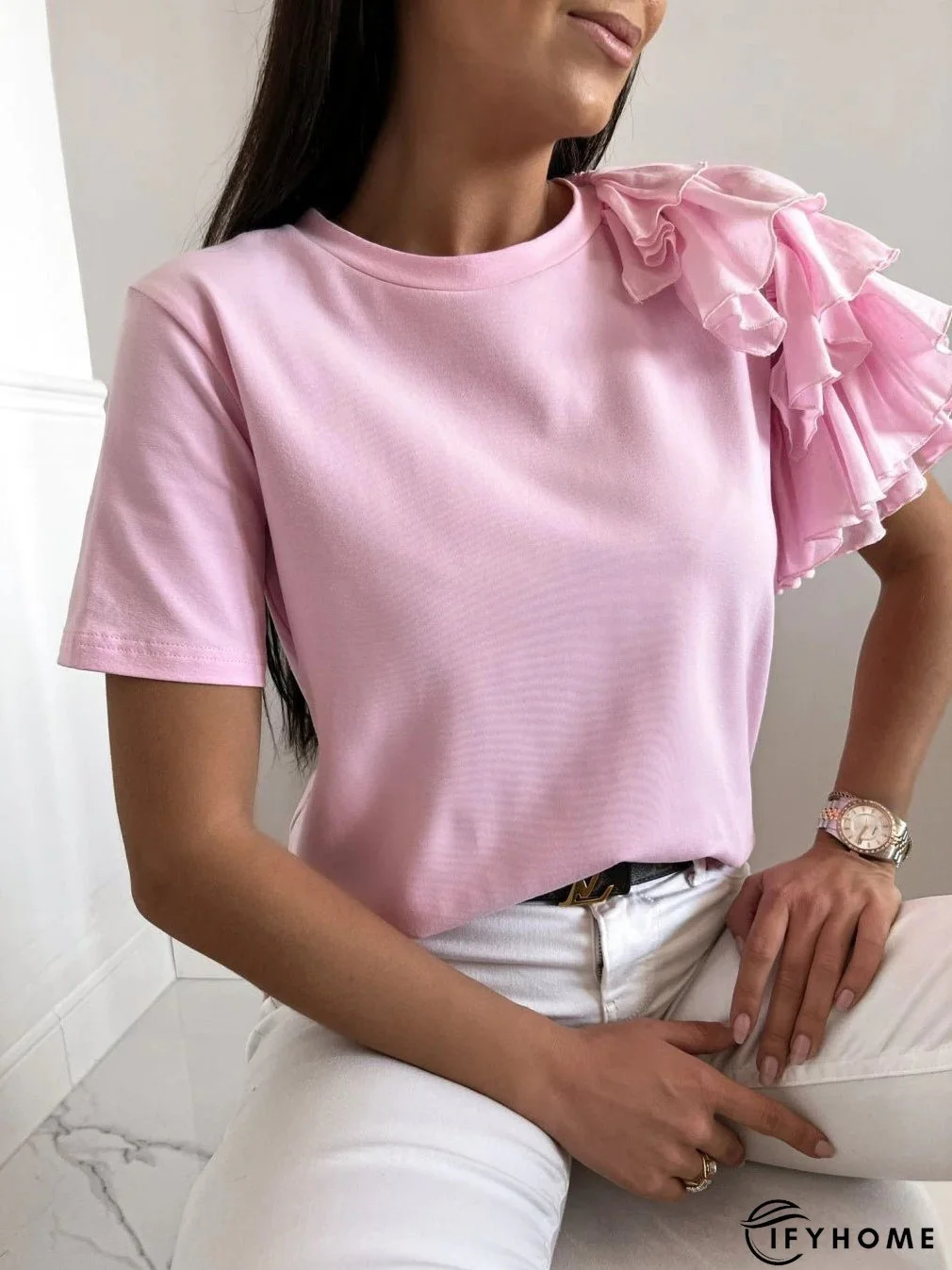 Women's T-Shirts Solid Simple Ruffle Short Sleeve T-Shirt | IFYHOME