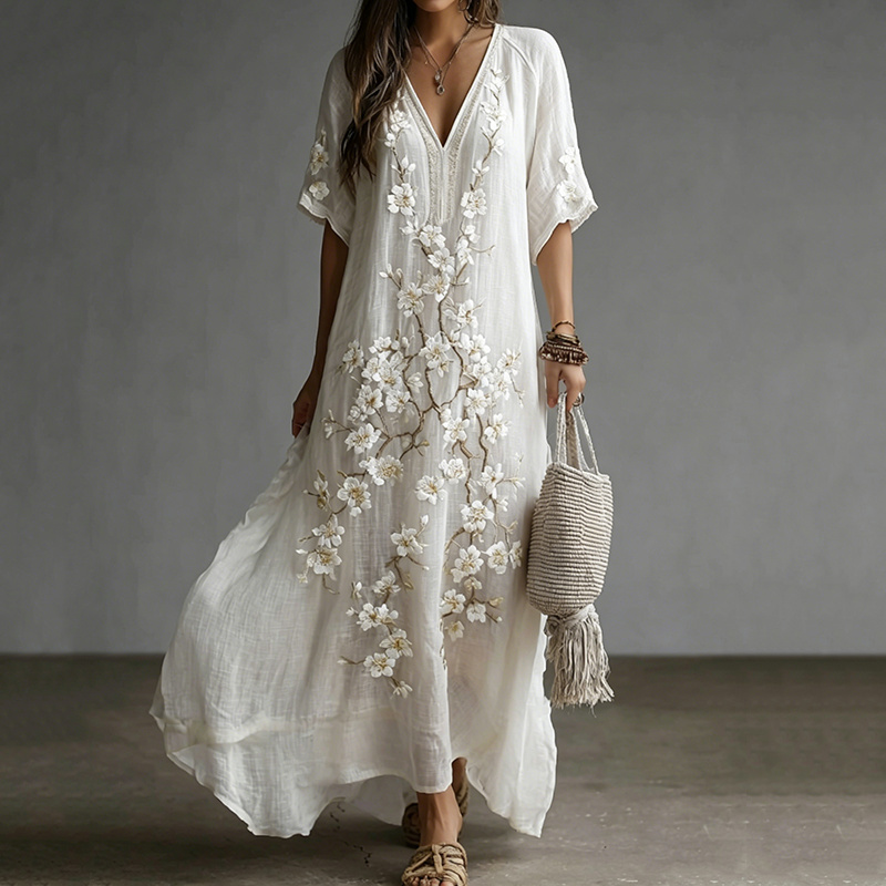 Comstylish Vintage Japanese Plum Blossom Art Embroidered Casual Linen Maxi Dress