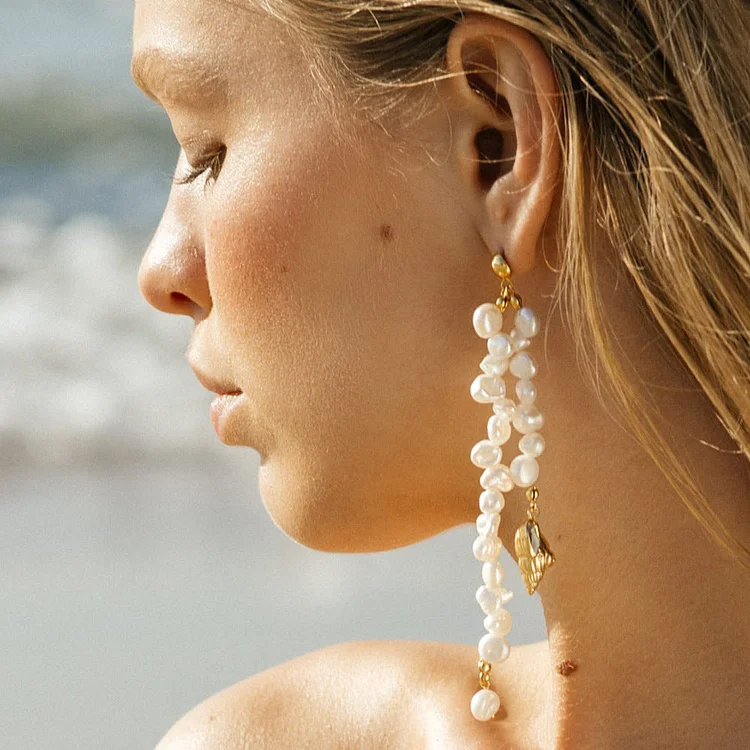 Golden conch natural baroque pearl earrings