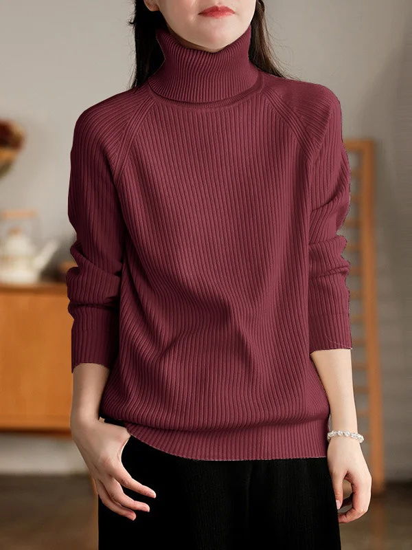 Vintage Pure Color Knitting High-Neck Sweater Top