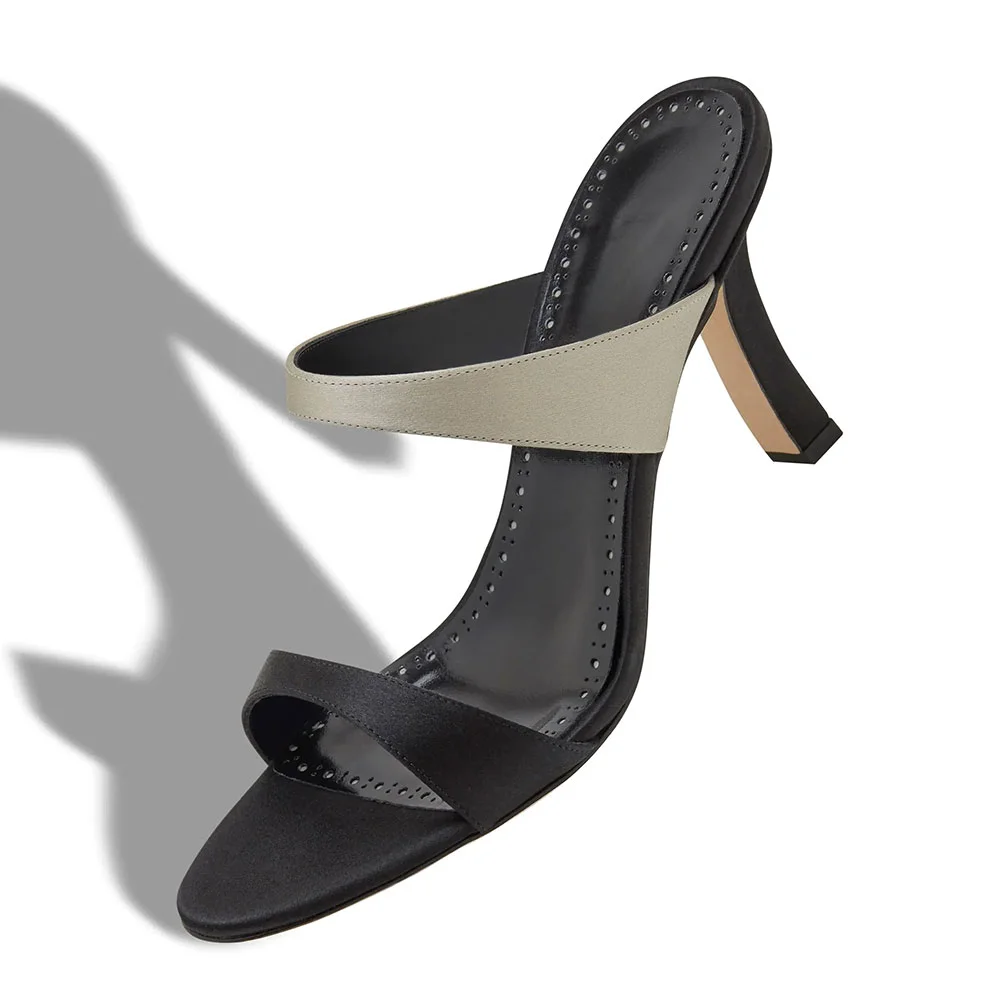 Black & Taupe Round Toe Slip-On High Heeled Mules with Two Straps