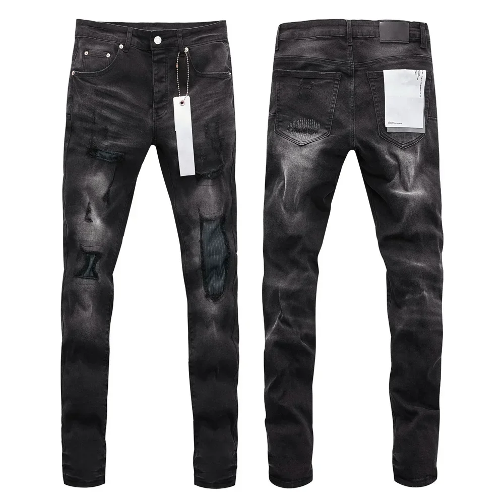 Wimaskel New Purples jeans American high street Retro wash hole patch trend straight Stylish low raise Elastic Skinny jeans brand pants
