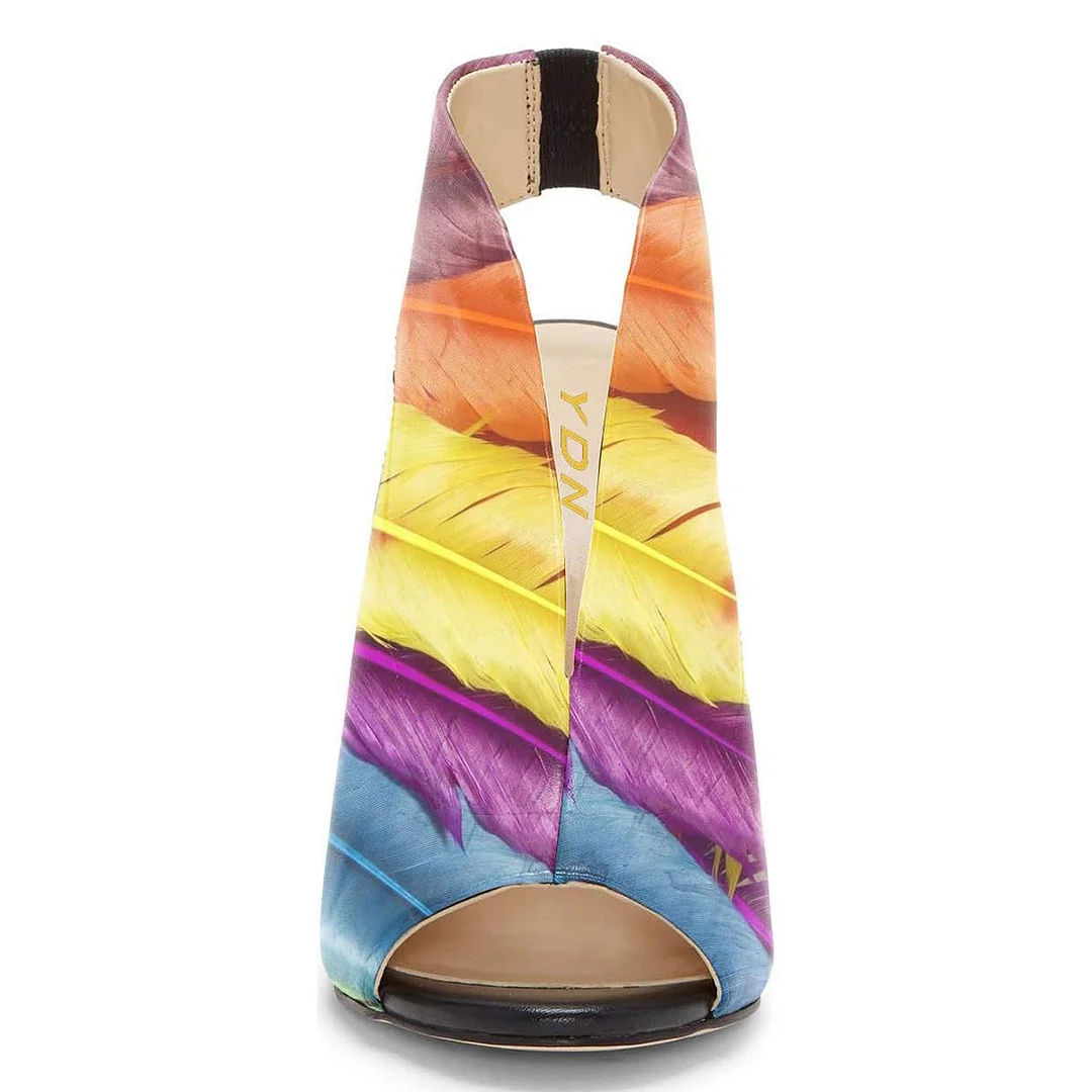 Colorful Feather Printed Peep Toe Slingback Heels Sandals by YDN