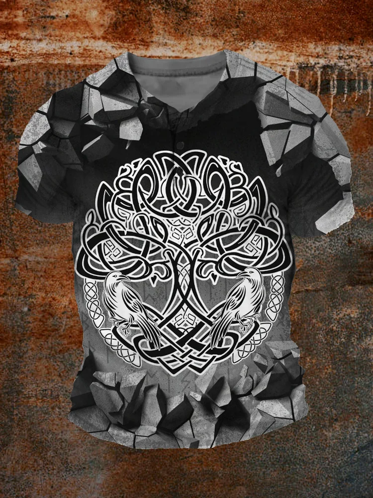 Broswear Men's Viking Odin Raven Celtic Tree Of Life Henley Shirt