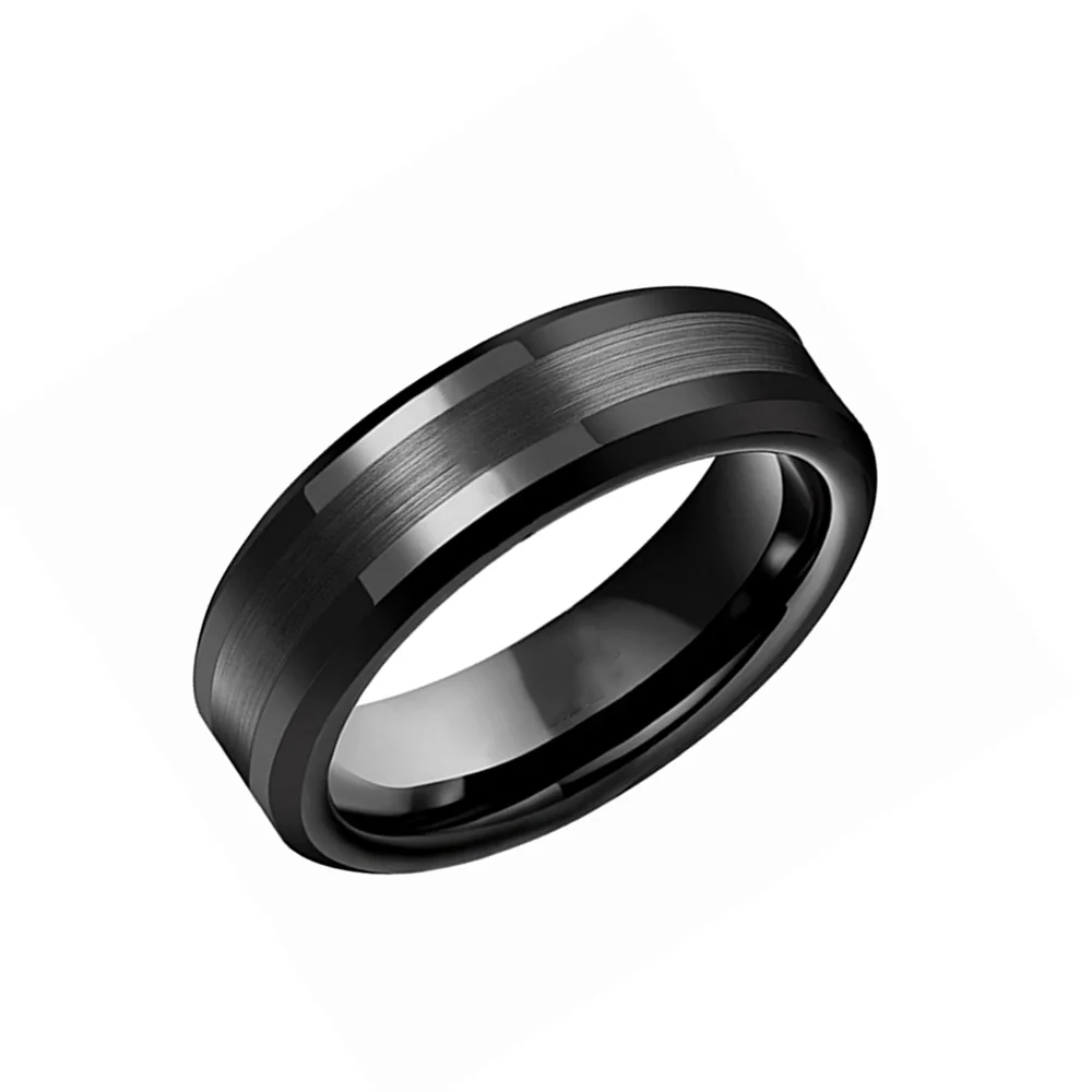 6MM 8MM Black Tungsten Rings Plated Matte Brushed Center Polished Beveled Edge