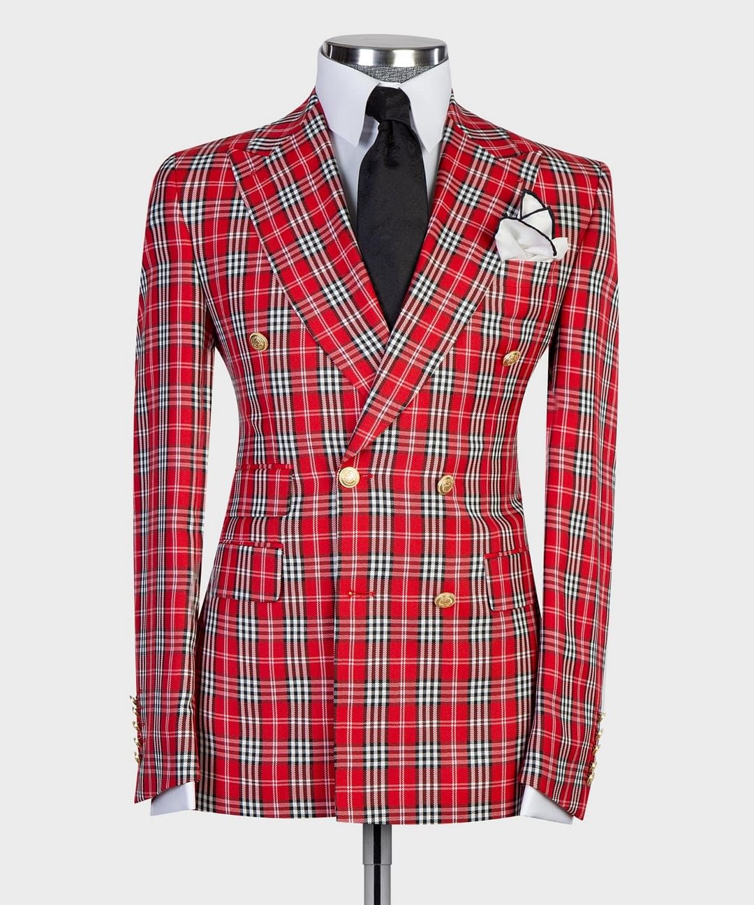 Men's red and grey plaid double breasted 2pcs suit.