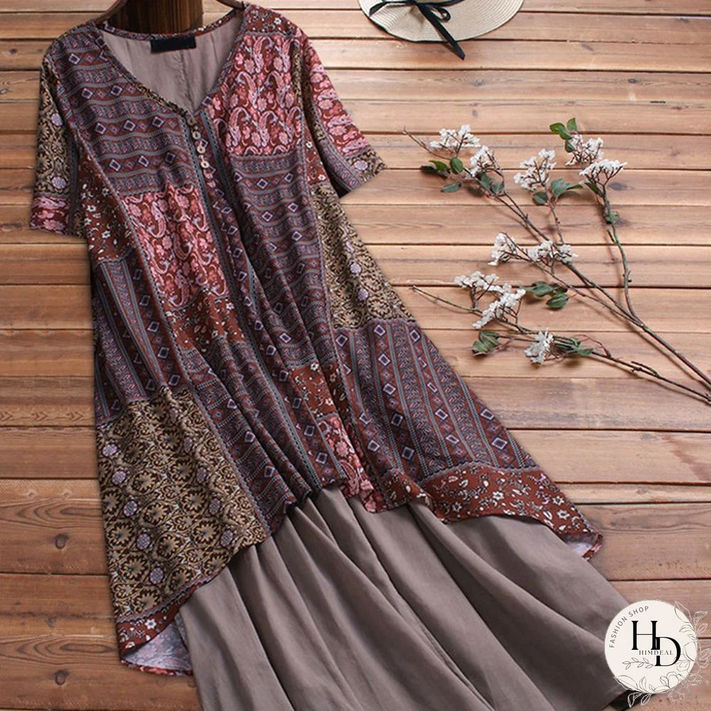 Summer Loose Fashion Short-sleeved Cotton And Linen Print Plus Size Fake Two-piece Maxi Dress