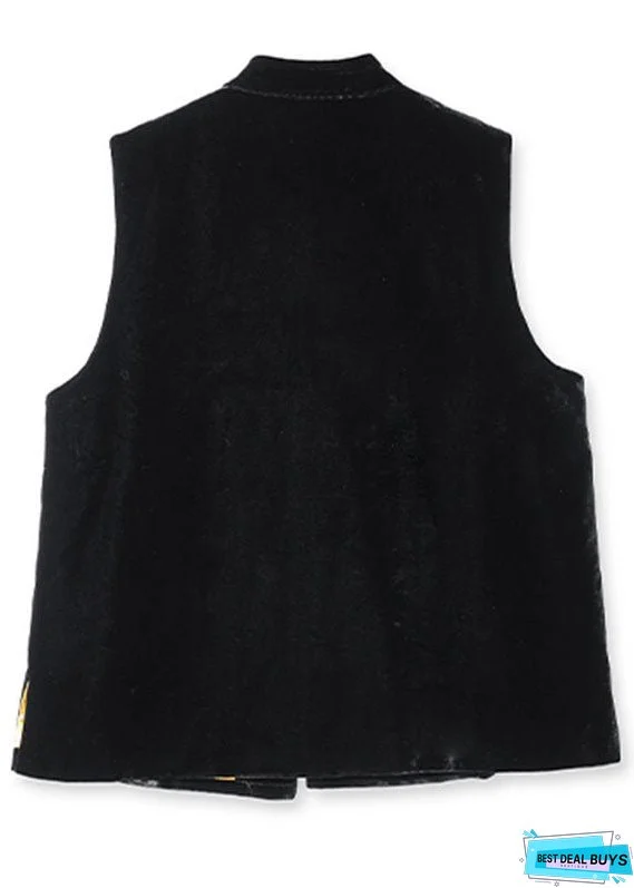 Unique Black Embroideried Patchwork Button Silk Velour Waistcoat Fall