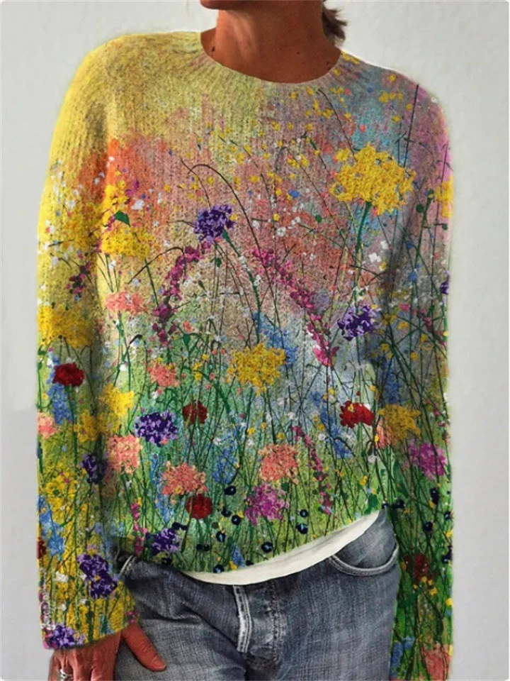 3D Printing Women's Flower Pattern Sweater Loose Long-sleeved Tops