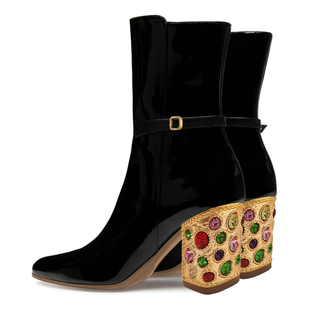 Patent Leather Pointed Toe Buckle Strap Rhinestone Black Heel Booties