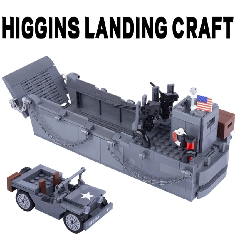 WW2 US Army Higgins Landing Craft with Jeep Custom Military MOC Minifigure Bricks monstertoys
