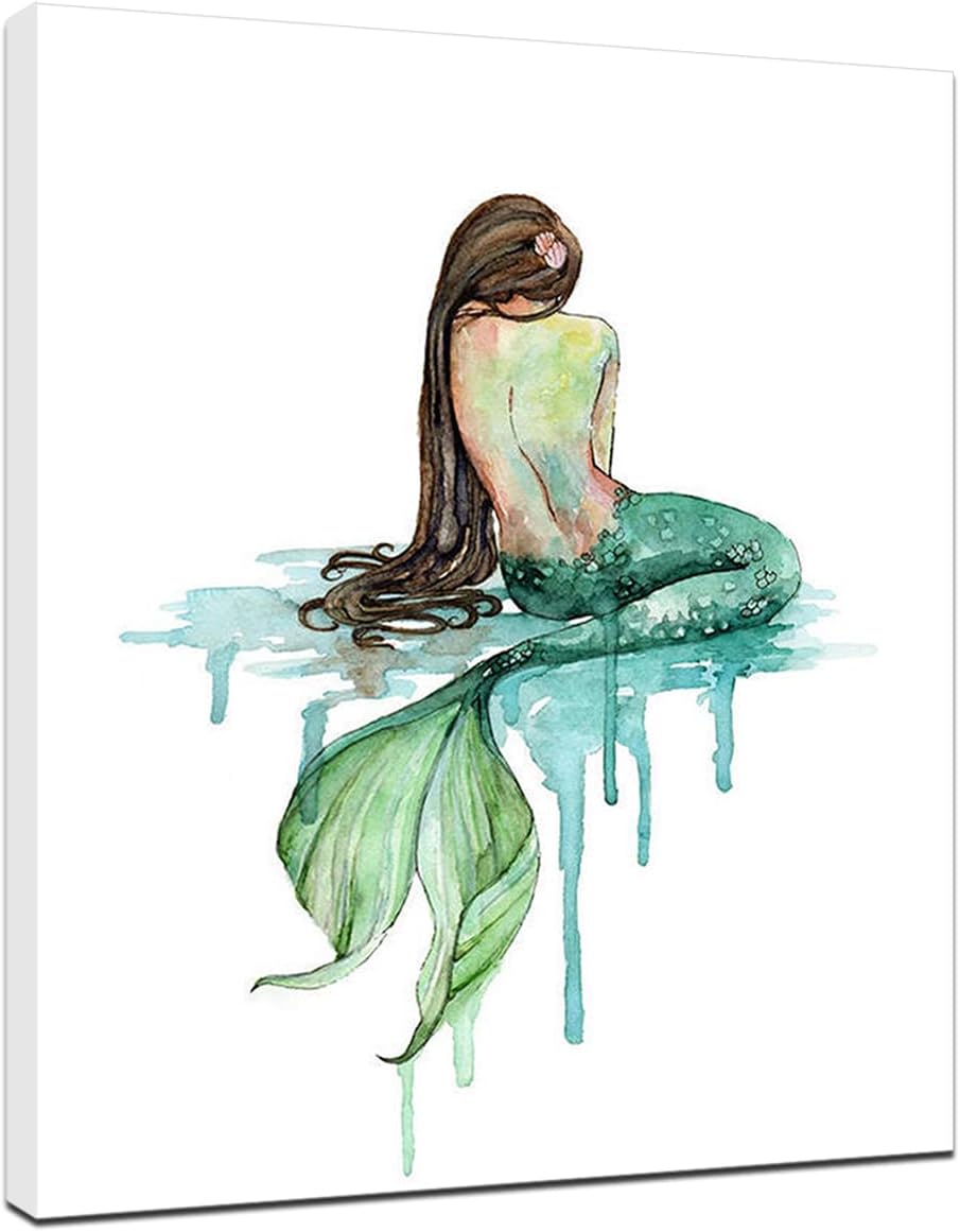 HenArts The Mermaid Canvas Print Sea-maid Wall Art Fairytale Poster Painting Ocean Art Beach Giclee Modern Artwork Home Decor Stretched and Framed for Bedroom Living Room Nursery Apartment Decoration Ready to Hang The Mermaid