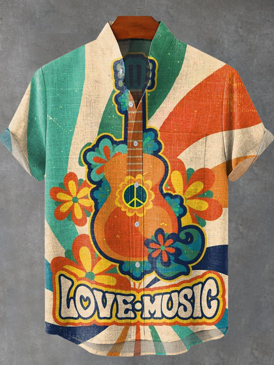 Vintage Love Music Peaceful Guitar Painting Art Print Casual 100% Cotton Shirt