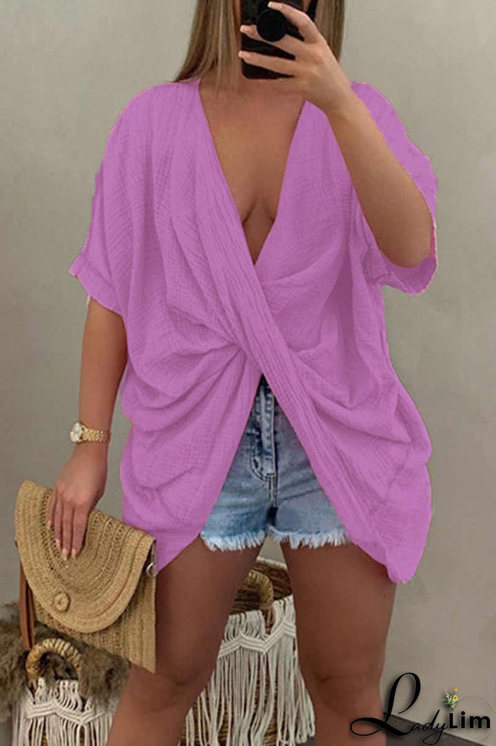 Pink Casual Solid Patchwork Asymmetrical V Neck T-Shirts