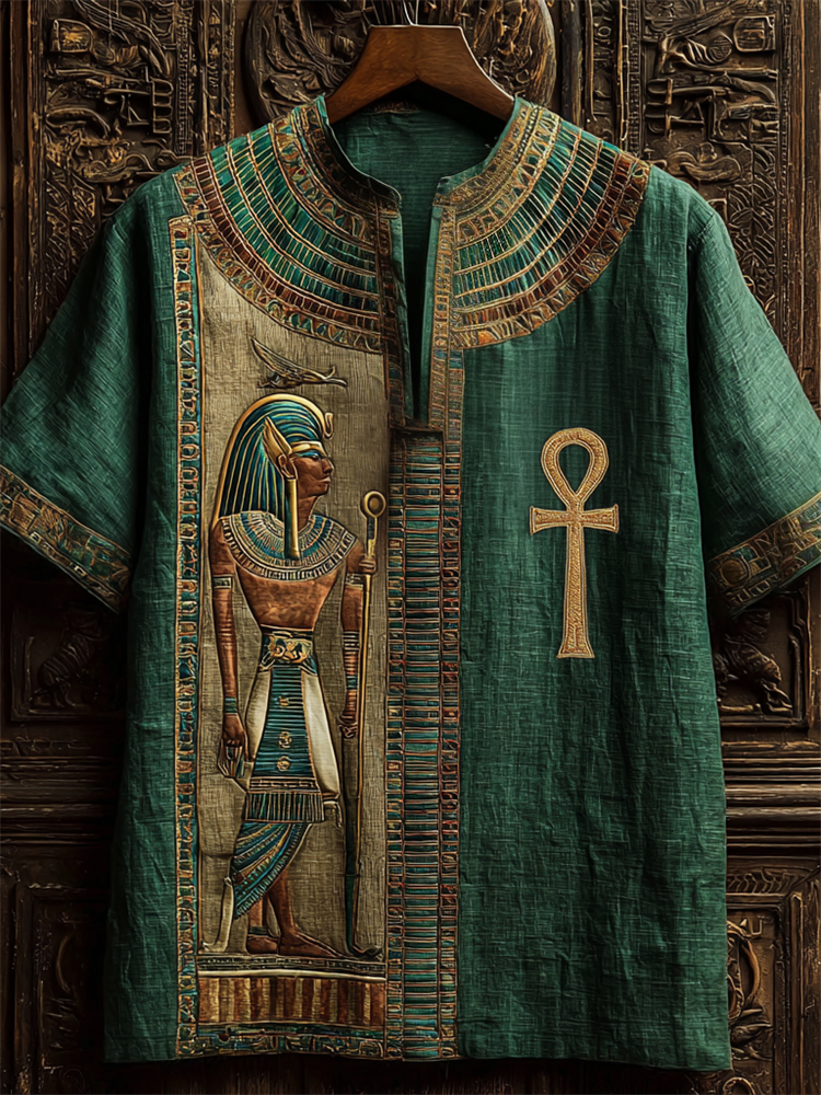 Ankh Ancient Egyptian Osiris Embroidered Contrast Linen Shirt