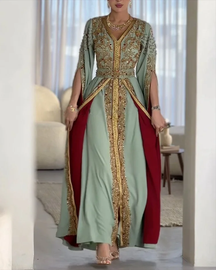 Women's V Neck Embroidered Kaftan Dress