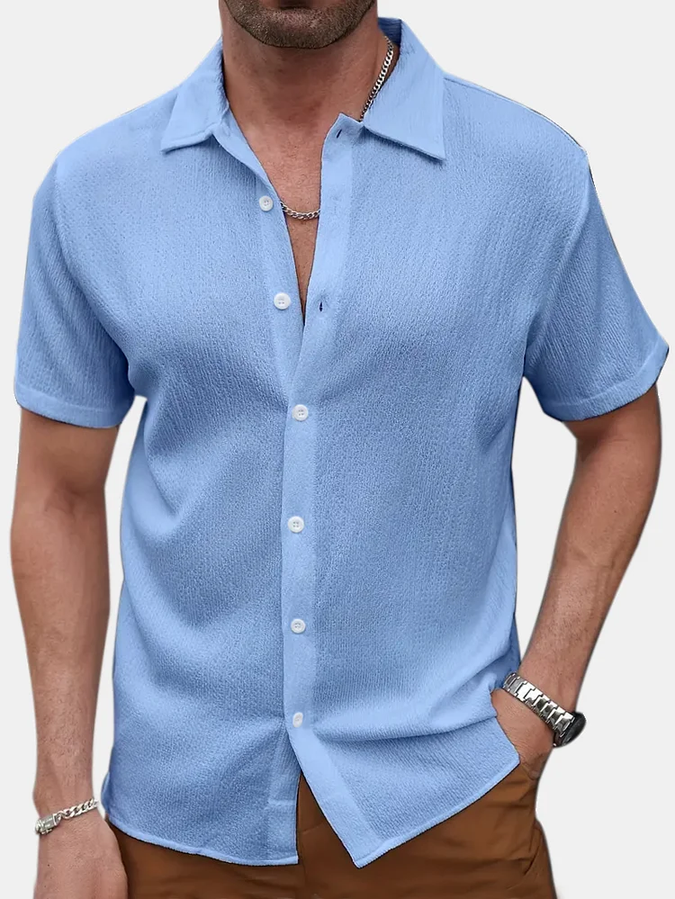 Men's Casual Solid Color Wave Pattern Short-sleeved Shirt