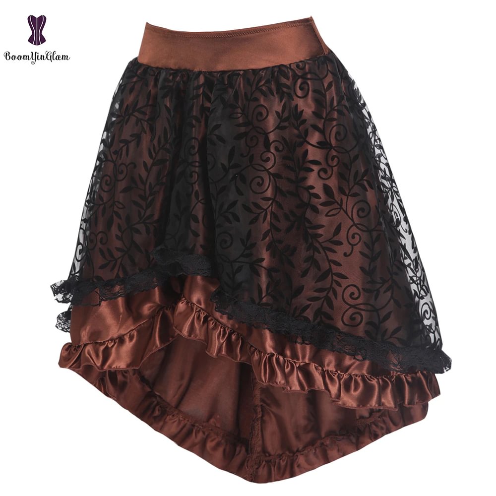 Uaang Women's Victorian Asymmetrical Ruffled Satin Lace Trim Gothic Skirts Vintage Corset Steampunk Skirt Cosplay Costumes 937#