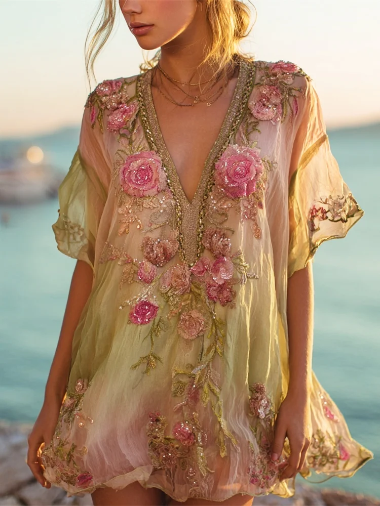 VChics Vintage Boho Floral Embroidery Gradient Women's V-neck Loose Mini Dress