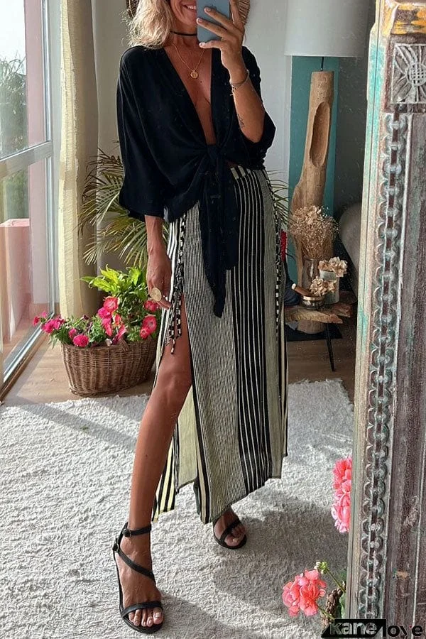 Angel Dust Tie Front Top and Striped Lace-up Slit Skirt Set