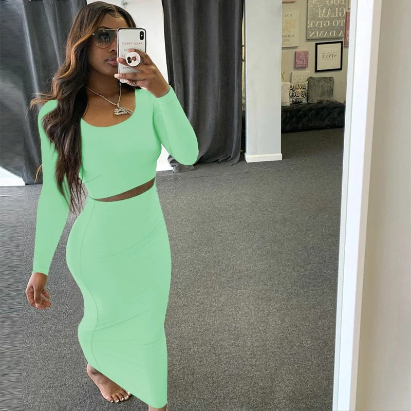 wsevypo Autumn Women Two-piece Clothes Set Solid Color Long Sleeve Pullover Crop Tops and High Waist Maxi Bodycon Skirts