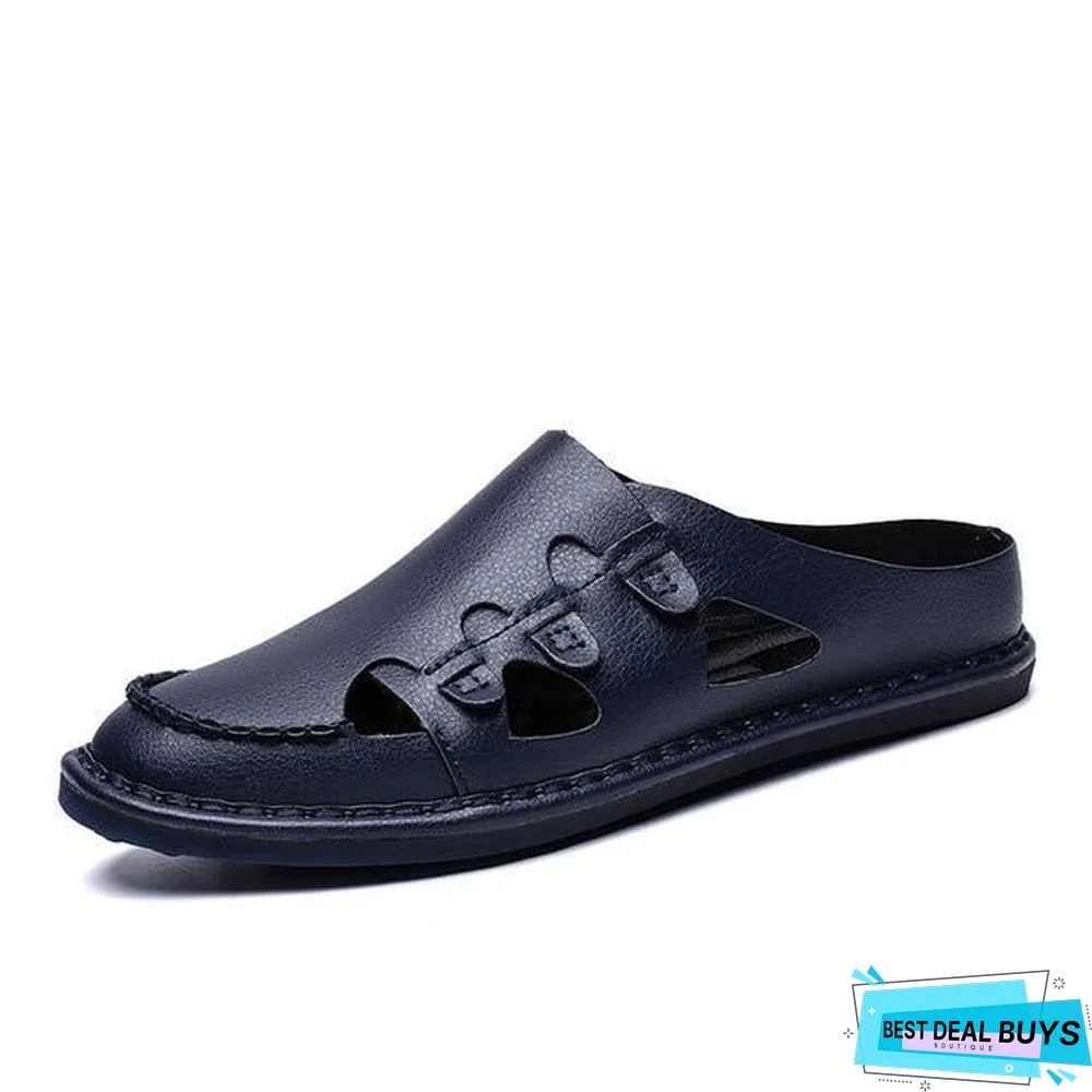Men's Genuine Leather Sandals Shoes Summer Leisure Beach Sandals Slippers
