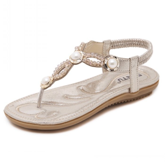 Beaded Metal Pearl T-strap Flip-Flop Sandals