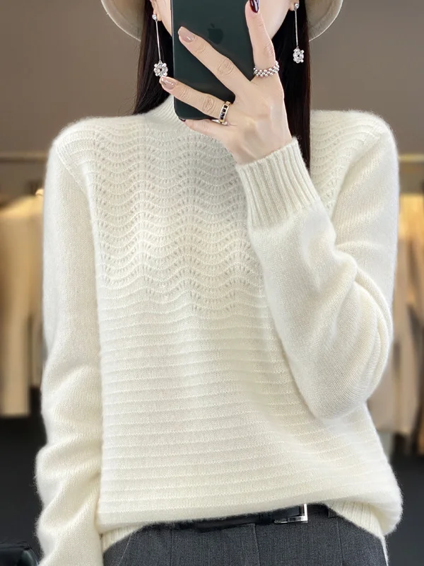 Long Sleeves Loose Solid Color Mock Neck Pullovers Sweater Tops