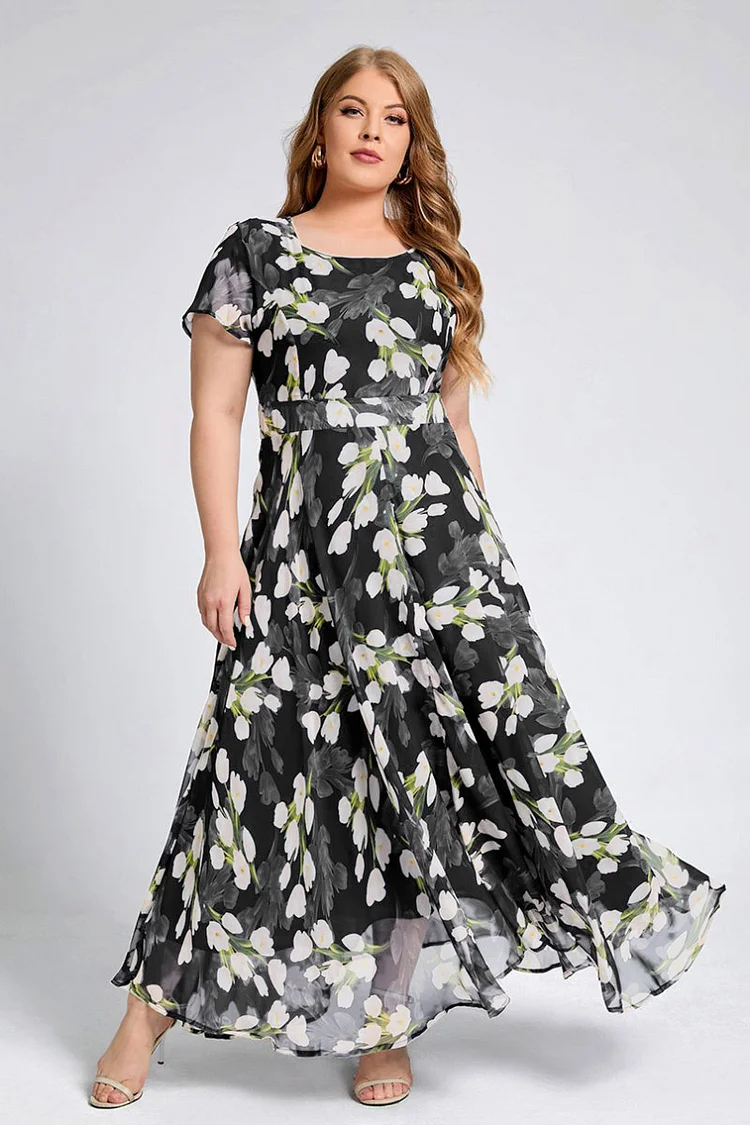 Plus Size Floral Print Short Sleeve A Line Tunic Maxi Dress