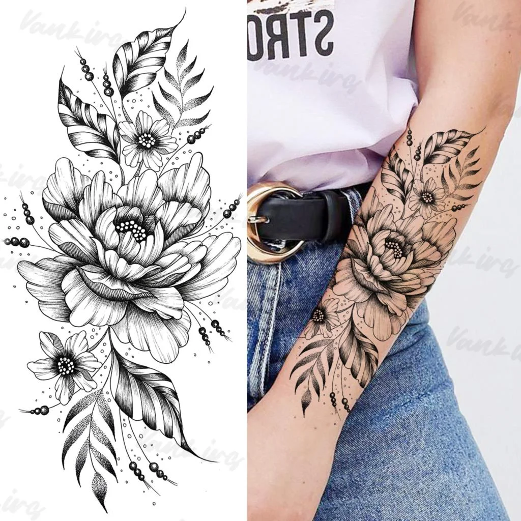 Sdrawing Peony Temporary Tattoos For Women Girls Realistic Anchor Butterfly Flower Fake Tattoo Sticker Sexy Body Arm Tatoos DIY