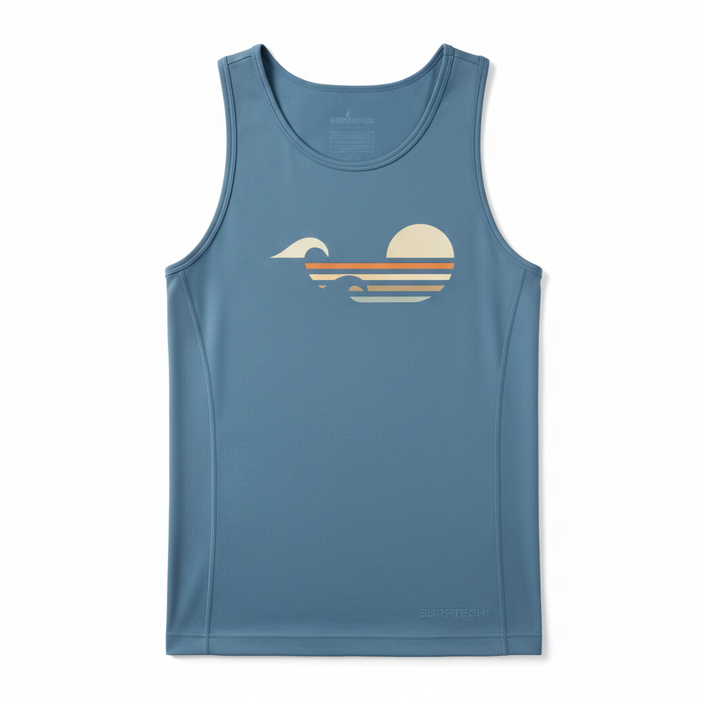 thesupersurf Blue Surf-Inspired Tank Top with Wave and Sunset Design 