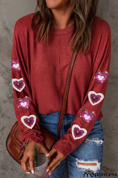 Heart Sequin Round Neck Long Sleeve T-Shirt