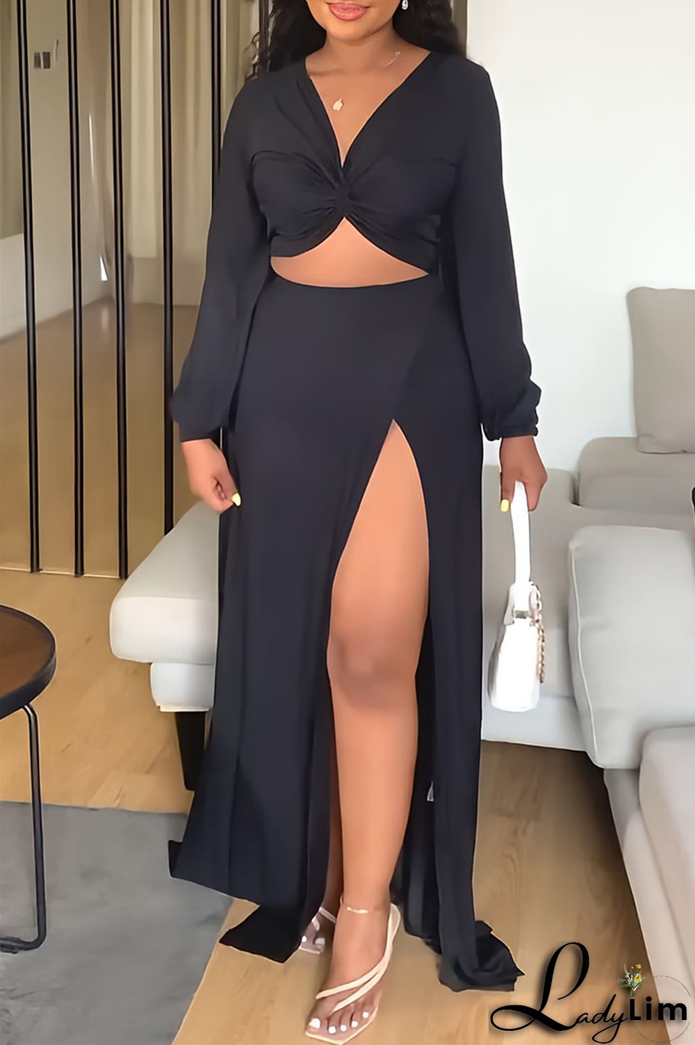 Blue Fashion Casual Solid Slit V Neck Long Sleeve Two Pieces