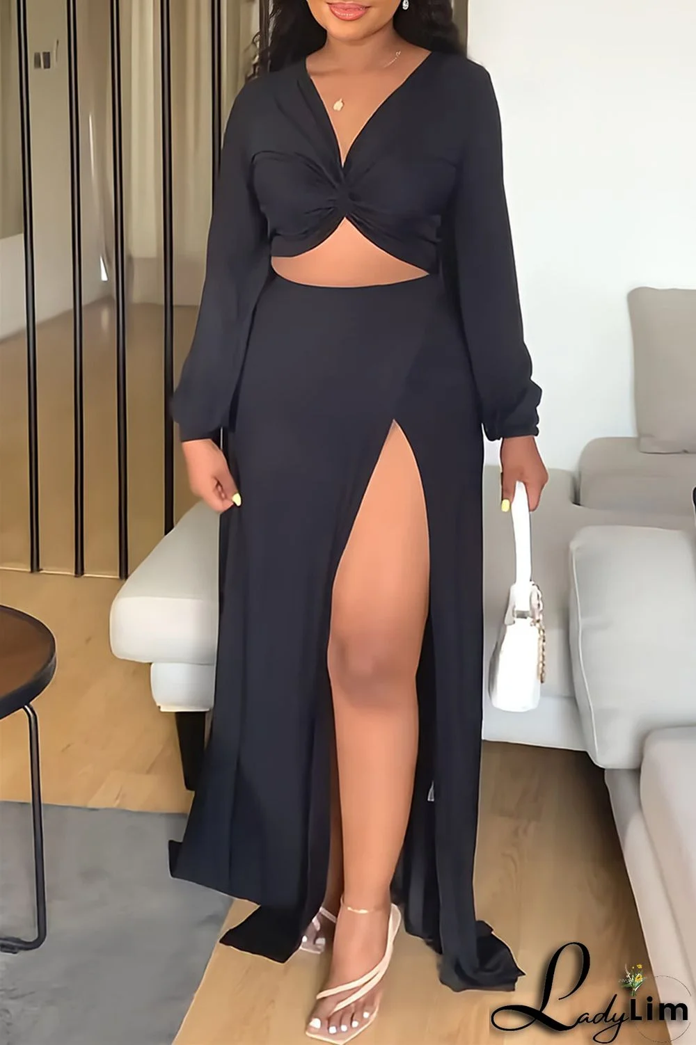 Blue Fashion Casual Solid Slit V Neck Long Sleeve Two Pieces