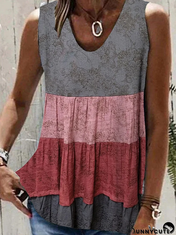 Women Sleeveless V-neck Stitching Floral Printed Top