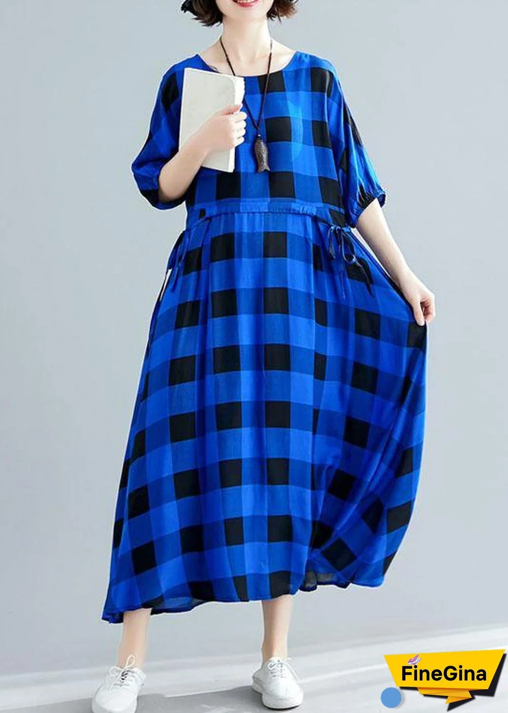 Italian tie waist cotton clothes Women Outfits blue plaid Maxi Dresses summer
