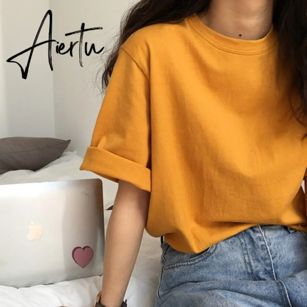 Aiertu Short Sleeve T-shirts Women Summer Embroidery Loose Korean Style Simple All-match Trendy Causal Chic Girls Ins BF Tees Daily New Aiertu