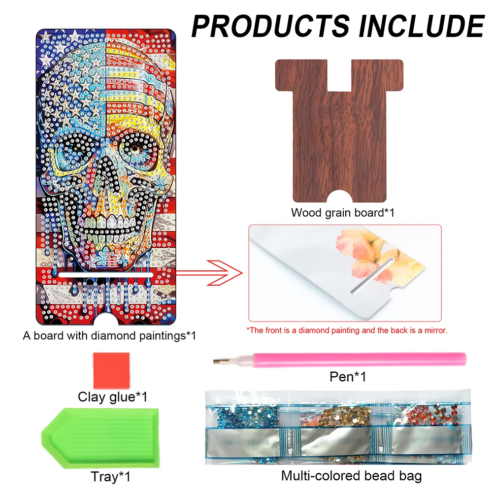 2-Pack Acrylic US Flag Butterfly Skull Diamond Art Phone Stand And Mirror