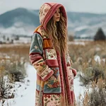 Bohemian Style Plant Flower Pattern Women's Winter Warm Flannel Long Coat - Image 2