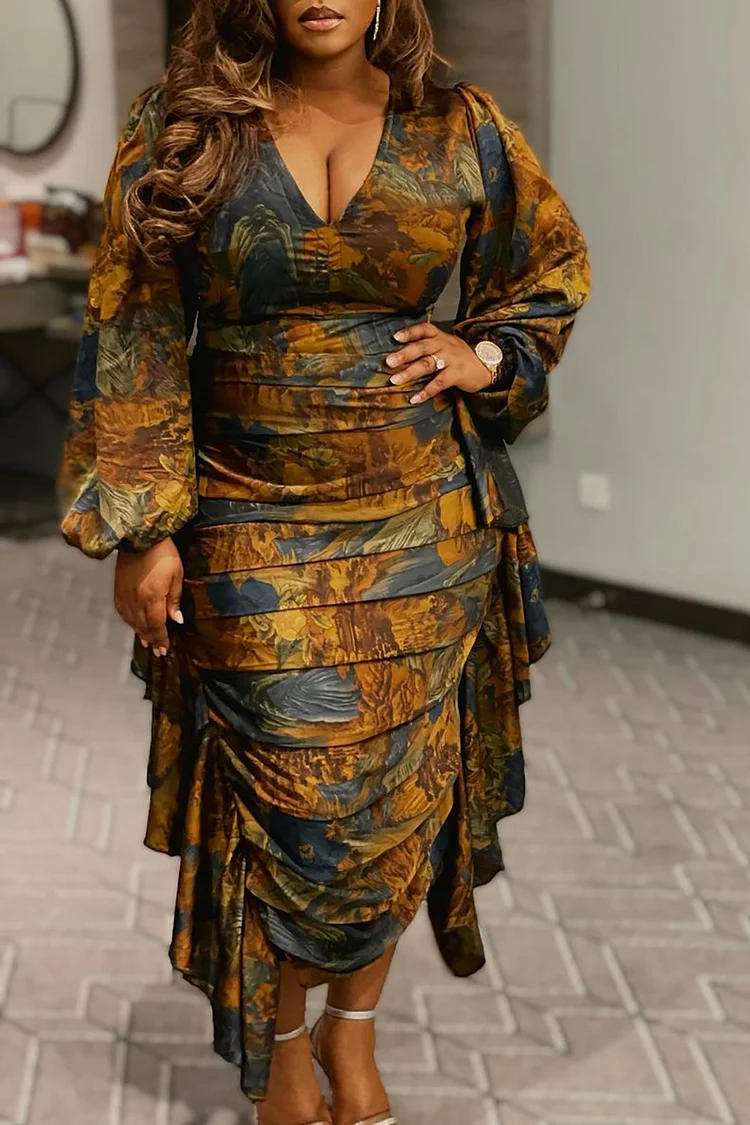 Plus Size Semi Formal Dress Yellow Floral Print Long Sleeve Ruffle Midi Dress [Pre-Order]