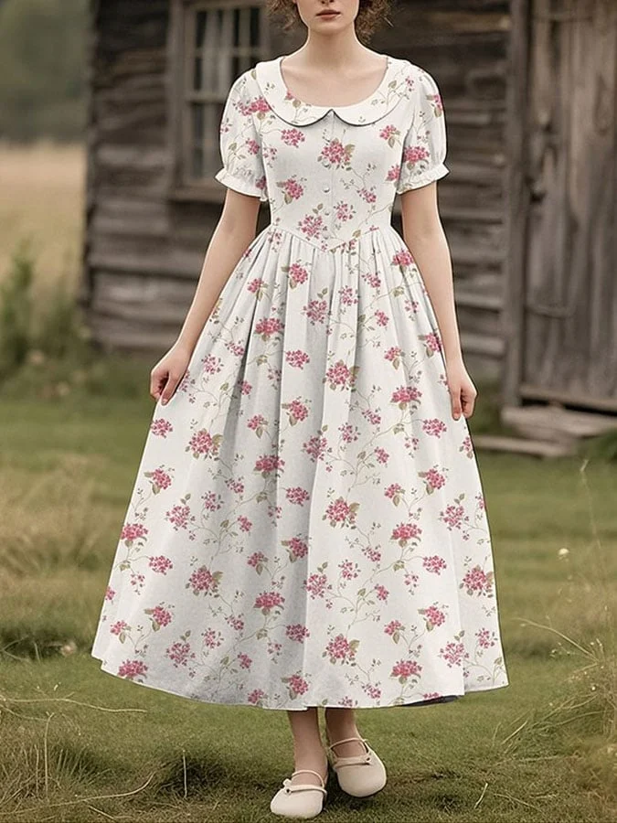 Women's Retro Floral Art Doll Collar Button Dress 