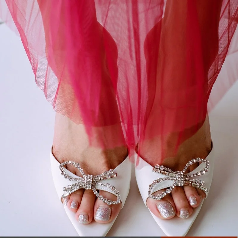 Bow Rhinestone Fish Mouth Open Toe High Heels Wine Cup Heel Mid Heel Sandal Slippers Women