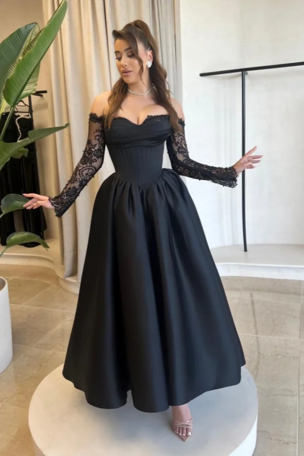 Lisliy Black Lace Sleeves Strapless Prom Dress 