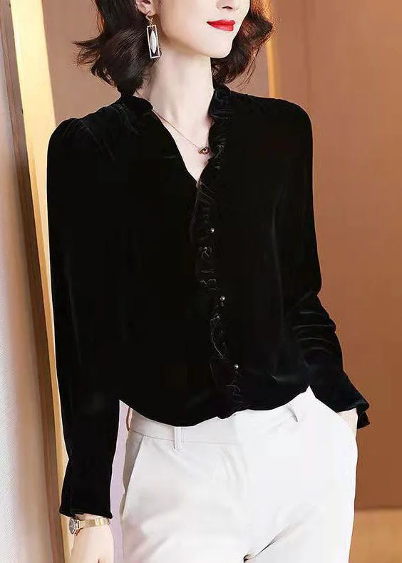 Simple Black V Neck Solid Ruffled Velour Top Long Sleeve